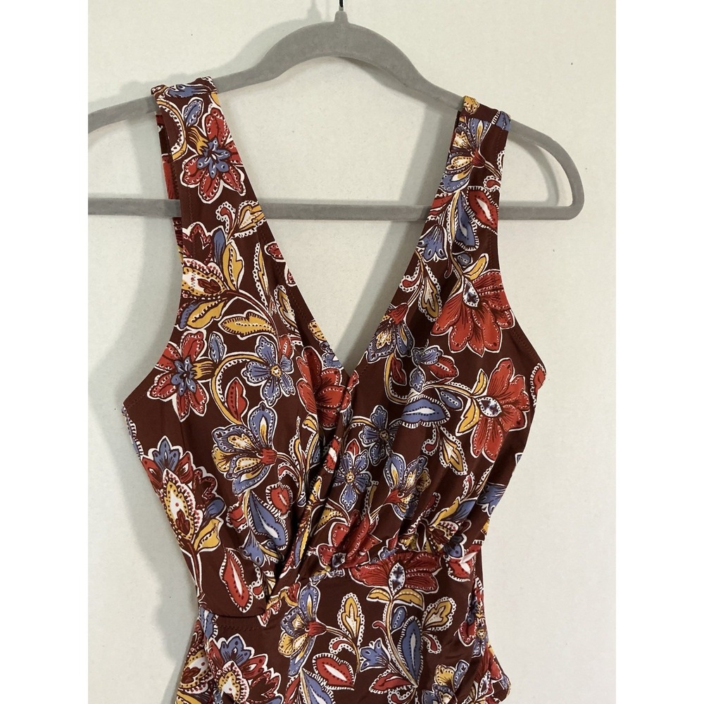 Garnet Hill Brown Floral V-Neck One-Piece Swimsuit w Lined Molded Cups 6 - Picture 2 of 6